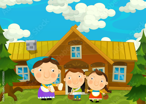 Cartoon happy and funny farm scene with mother and children - illustration for children