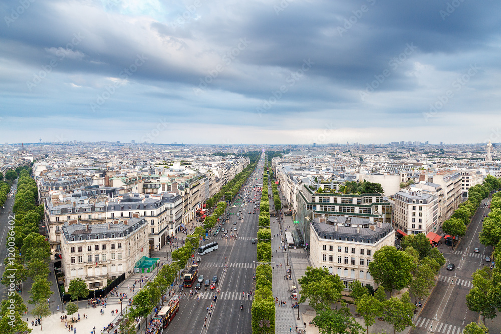 Paris aerial view from Triumphal Arch on Champs Elysees