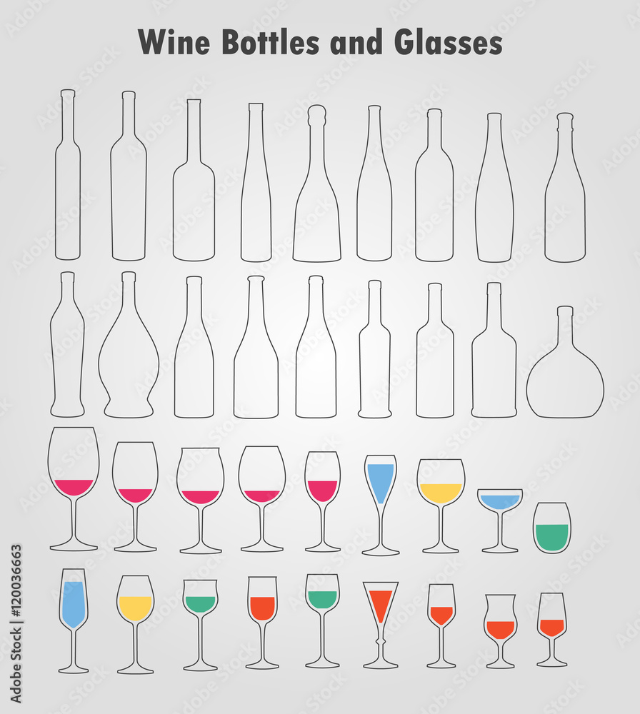 Set of vector wine glass and bottles silhouettes Set of vector wine glass and bottles silhouettes