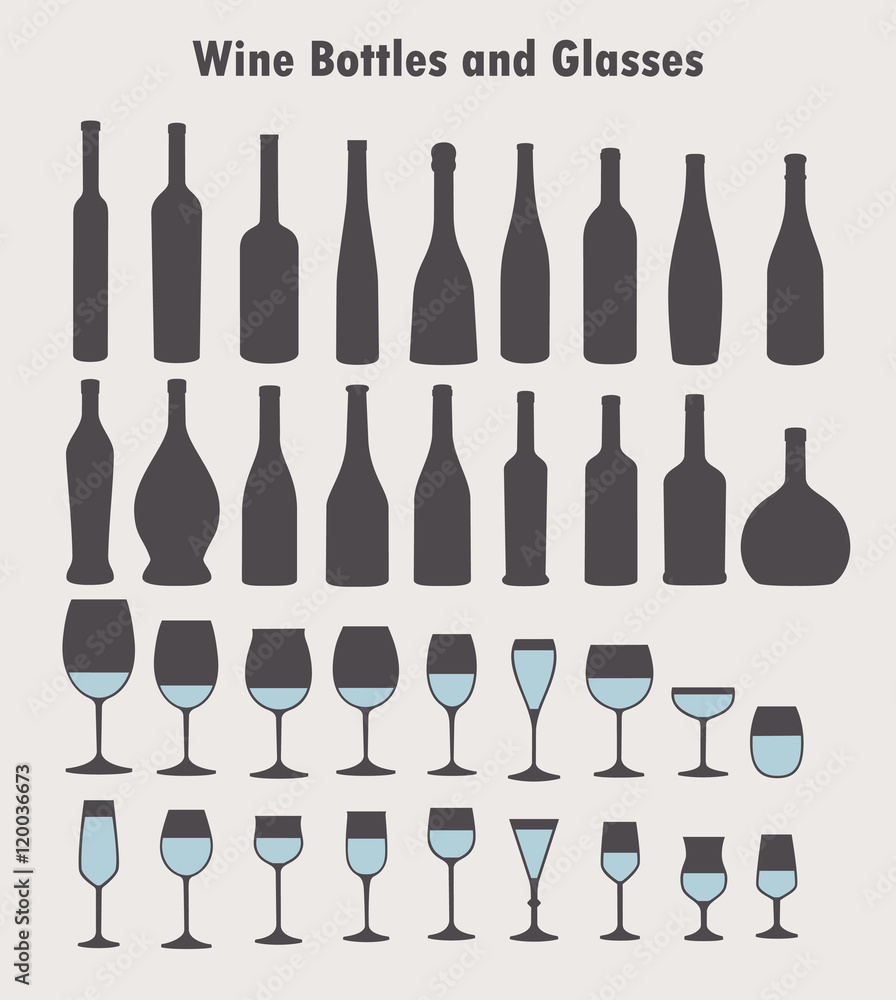 Set of vector wine glass and bottles silhouettes Set of vector wine glass and bottles silhouettes