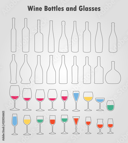Set of vector wine glass and bottles silhouettes