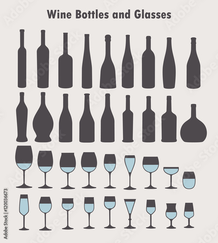 Set of vector wine glass and bottles silhouettes