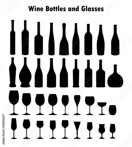 Set of vector wine glass and bottles silhouettes