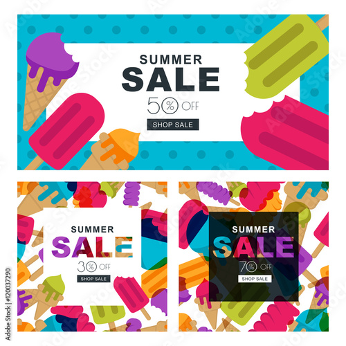 Set of summer sale banners with multicolor ice cream. Vector horizontal and square banners and flyers. Summer poster background with frame and ice cream illustration. Discount labels.