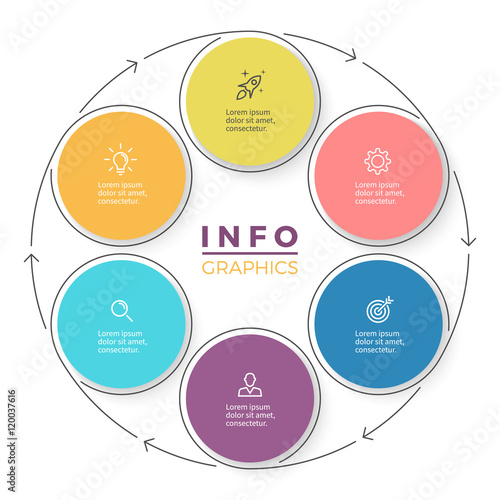 Six steps infographics with arrows. Vector design element.
