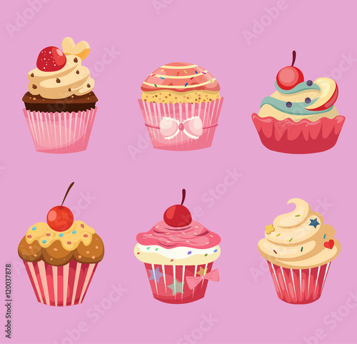 Cupcake set, Cupcake, Vector cupcake, Food vector, Cake vector, Cartoon style, Vector illustration