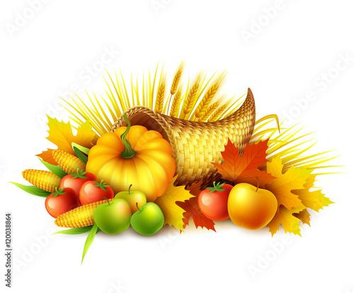 Illustration of a Thanksgiving cornucopia full of harvest fruits and vegetables. Fall greeting design. Autumn harvest celebration. Pumpkin and leaves. Vector illustration