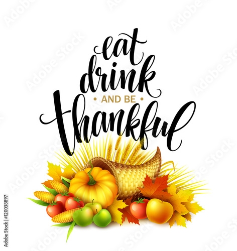 Illustration of a Thanksgiving cornucopia full of harvest fruits and vegetables. Fall greeting design. Autumn harvest celebration. Pumpkin and leaves. Vector illustration