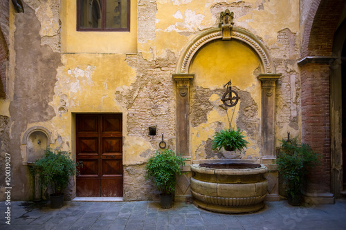 Fototapeta Naklejka Na Ścianę i Meble -  un vieux puit avec des plantes en pots dans la cour intérieure jaune d' immeuble Italien de la renaissance