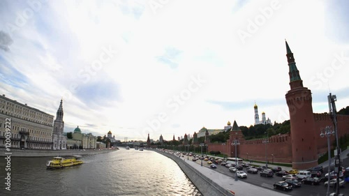 Moscow Kremlin, Moskva River quay, The Grand Kremlin Palace, The Cathedrals and The Ivan the Great Bell Tower. Fisheye. UHD - 4K. September 06, 2016. Moscow. Russia