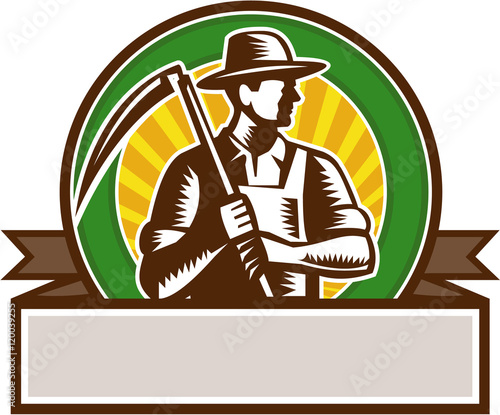 Organic Farmer Holding Scythe Circle Woodcut