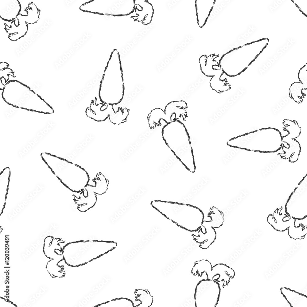 Vector seamless pattern hand drawn brush line chalk black carrot with large tail on white background