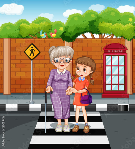 Girl and old lady crossing the road