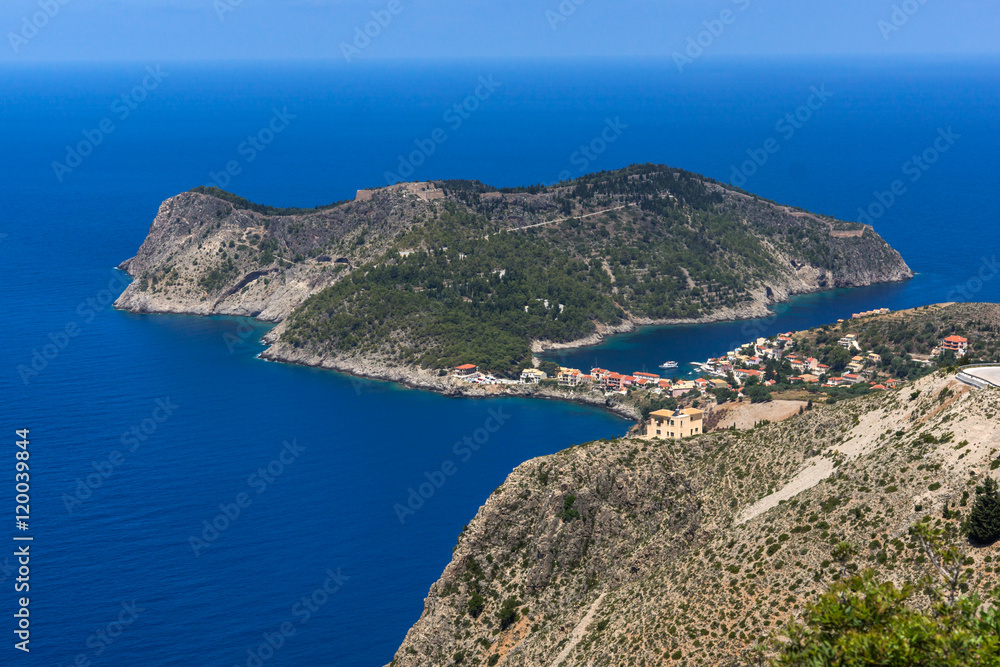Blue waters in Assos village and beautiful sea bay, Kefalonia, Ionian islands, Greece