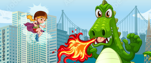 Superhero fighting green dragon in city