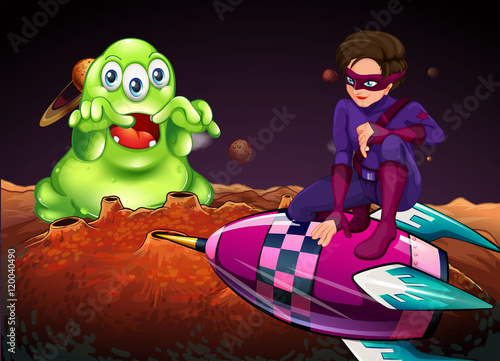 Superhero fighting alien on red planet