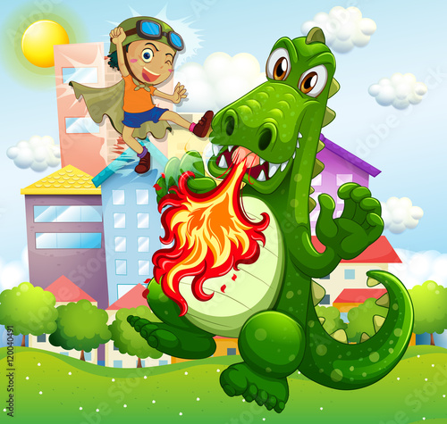 Hero fighting green dragon in park
