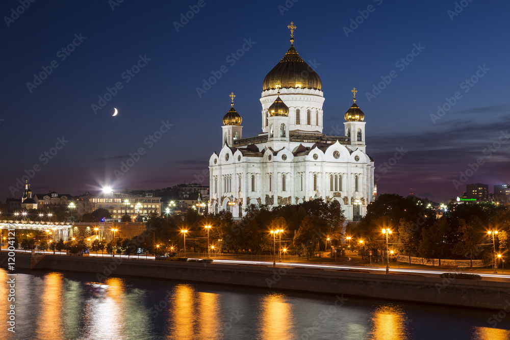 The Cathedral of Christ the Savior moonlit night, Moscow, Russia