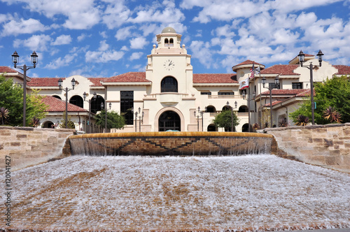 A large fountain frames this view of Temecula City Hall in southern California.
