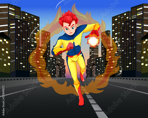 Superhero on the road in the city