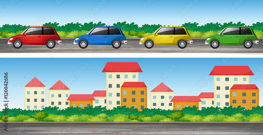 Cars on the road and many buildings