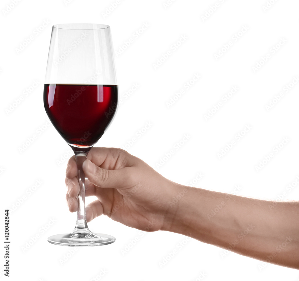 Man hand holding glass of red wine on white background