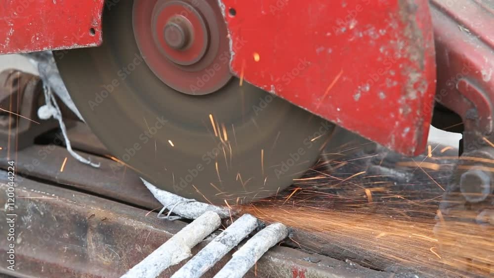 Cutting steel with machine for cutting steel by worker Stock Video