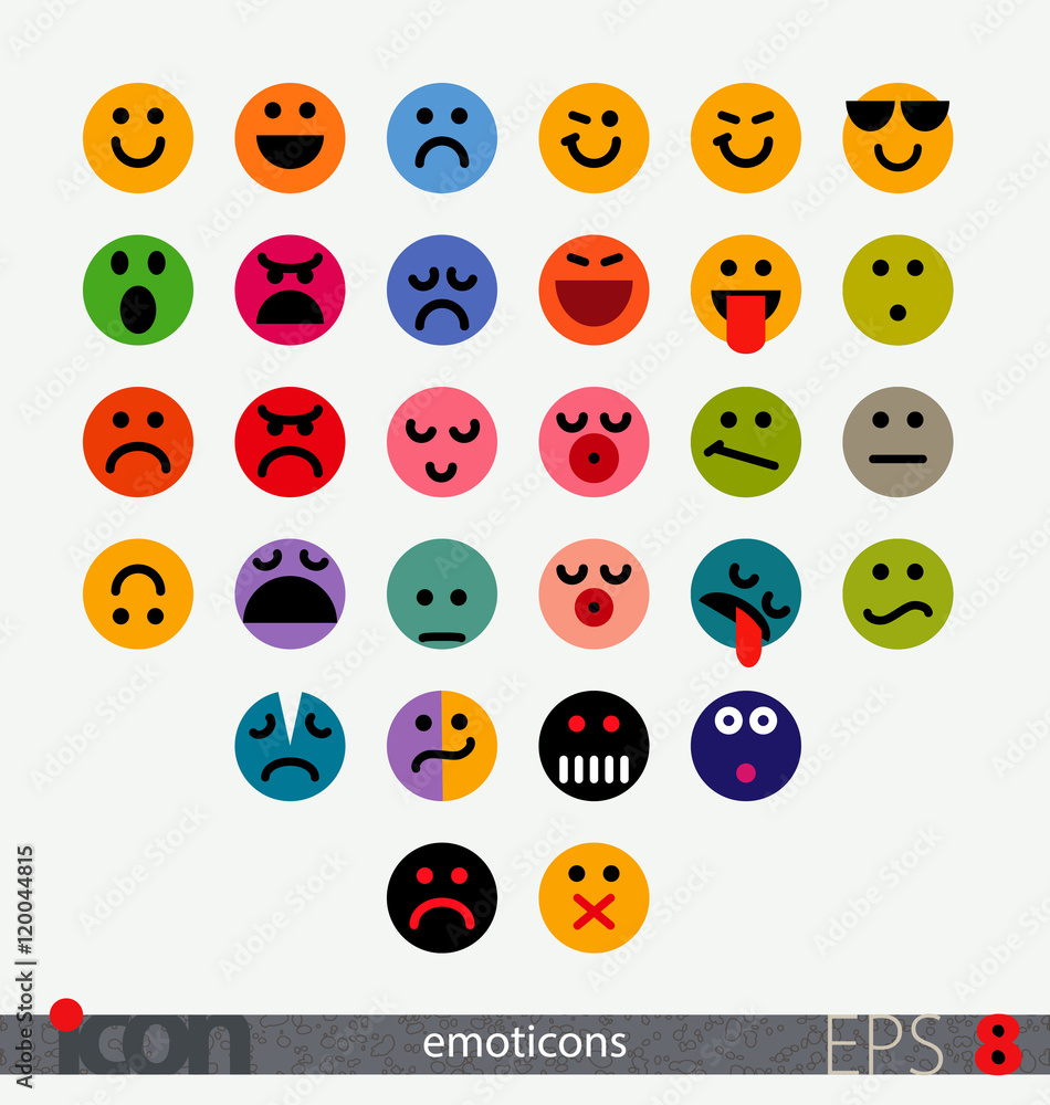 Set of fully geometric emoticons (smile, smiley, emoji). Emotional expression by colors. Vector icons on isolated background. Set of fully geometric emoticons (smile, smiley, emoji). Emotional expression by colors. Vector icons on isolated background.