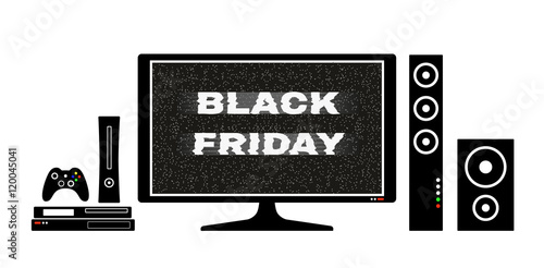 Black friday advertisement 25 november 2016. Isolated on white technology: tv flat screen, console, speakers. Poster illustration. Vector.