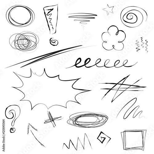 Set of scribbles, sketchy hand drawn frames, arrow, signs, underlines, loops, swirls, marks, cross, zigzag. Doodles isolated on white. Vector illustration.