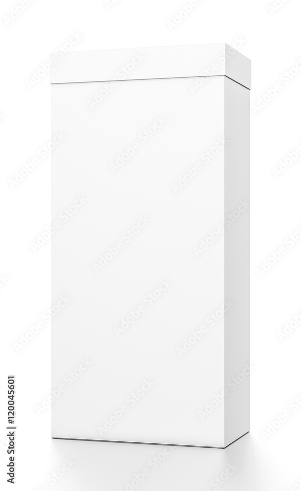 White tall vertical rectangle blank box with cover from front far side angle. White tall vertical rectangle blank box with cover from front far side angle.