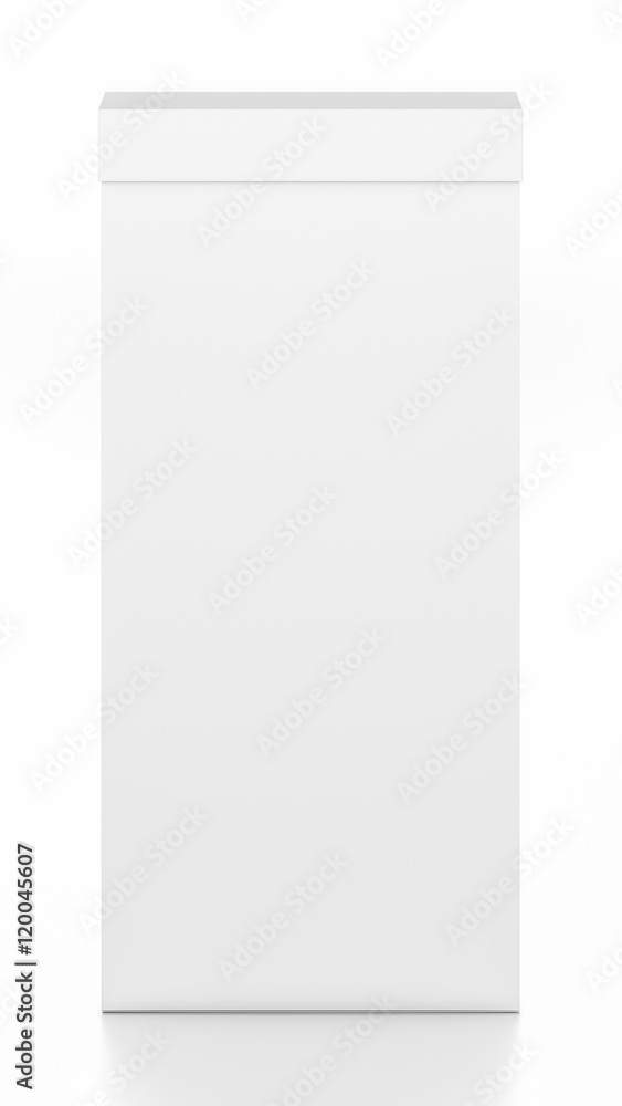 White tall thin vertical rectangle blank box with cover from top front angle. White tall thin vertical rectangle blank box with cover from top front angle.