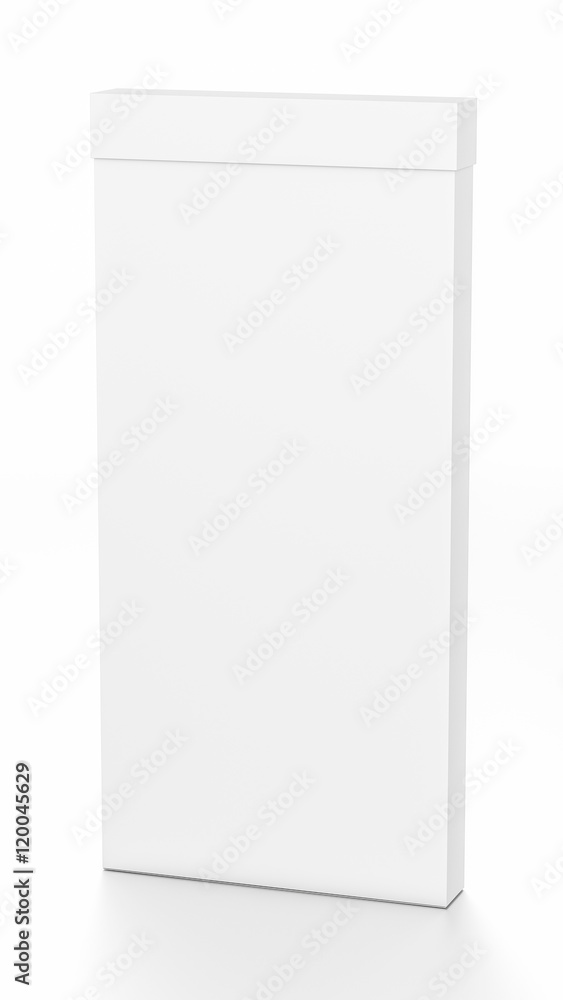 White tall thin vertical rectangle blank box with cover from top front far side angle. White tall thin vertical rectangle blank box with cover from top front far side angle.