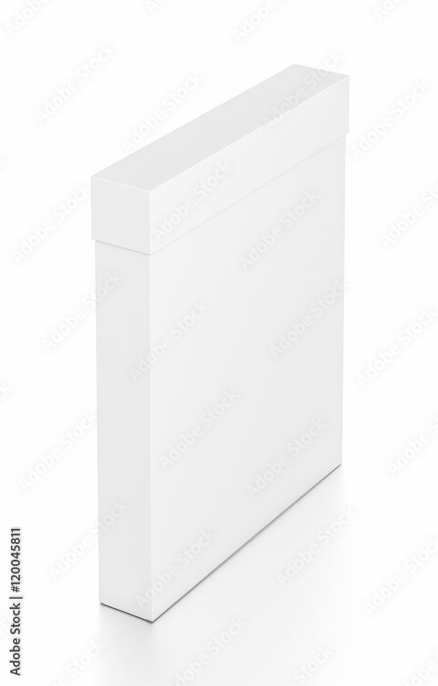 White thin vertical rectangle blank box with cover from top far side angle. White thin vertical rectangle blank box with cover from top far side angle.