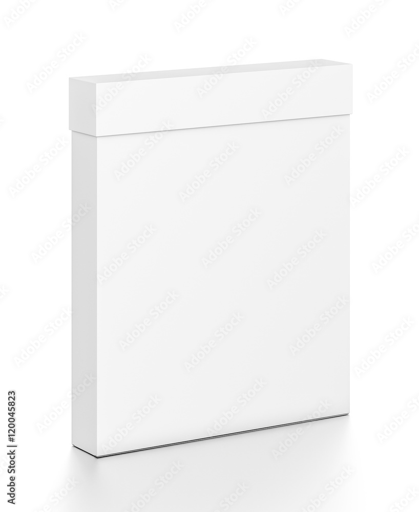White thin vertical rectangle blank box with cover from top front side angle. White thin vertical rectangle blank box with cover from top front side angle.