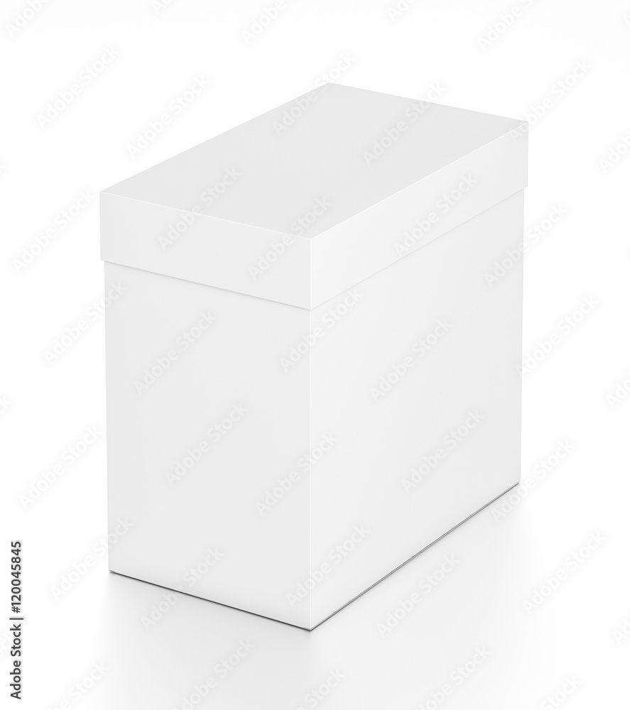 White rectangle blank box with cover from top far side angle. White rectangle blank box with cover from top far side angle.