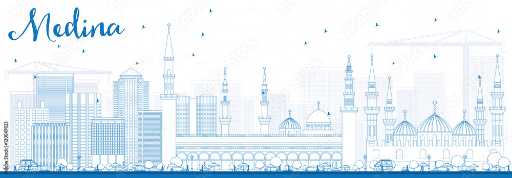 Outline Medina Skyline with Blue Buildings.
