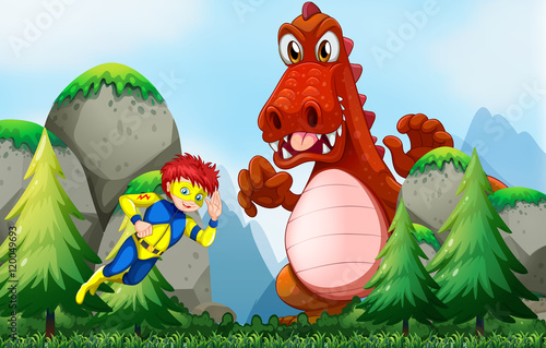 Superhero fighting dragon in the field