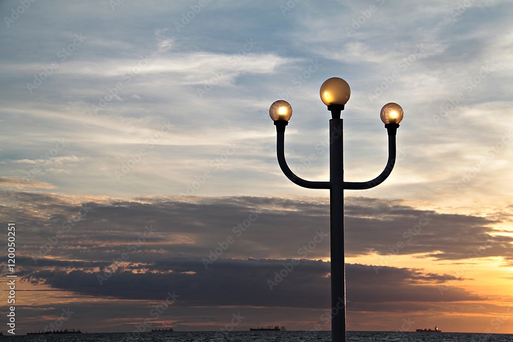 Lamppost and sunset sky, lantern at sunset, light pole with sunset