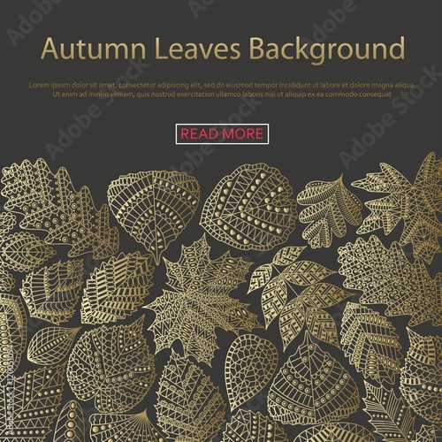 Background with different tree leaves such as oak and maple, chestnut and birch, aspen and linden, poplar and ginkgo, tulip tree and sassafras, beech, hornbeam, holly. Autumn collection.