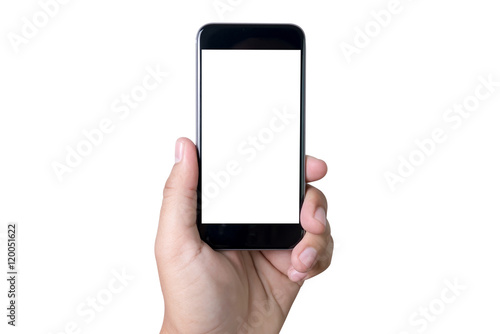 Isolated female hand holding a phone with white screen