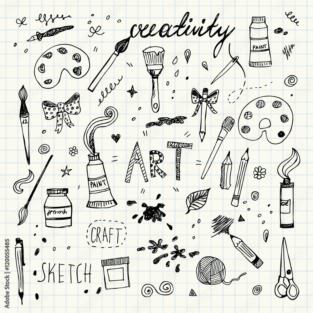 Naklejka premium Hand drawn Art and Craft vector symbols and objects