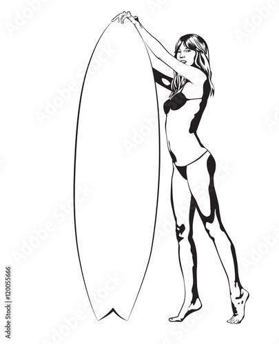 Surf board and young pretty woman bikini vector