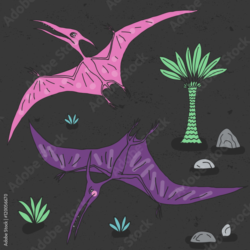 Vector hand drawn illustration with cute cartoon doodle dinosaur.