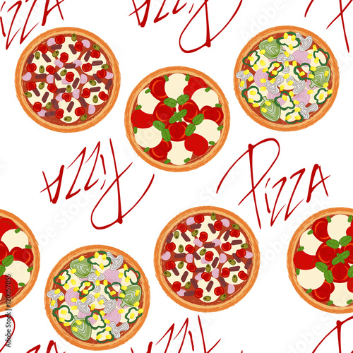 Cute seamless background pattern with different types of pizzas on the white fond. Vector illustration eps