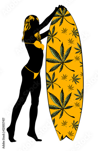 Surf board and young pretty woman bikini, board cannabis leaf