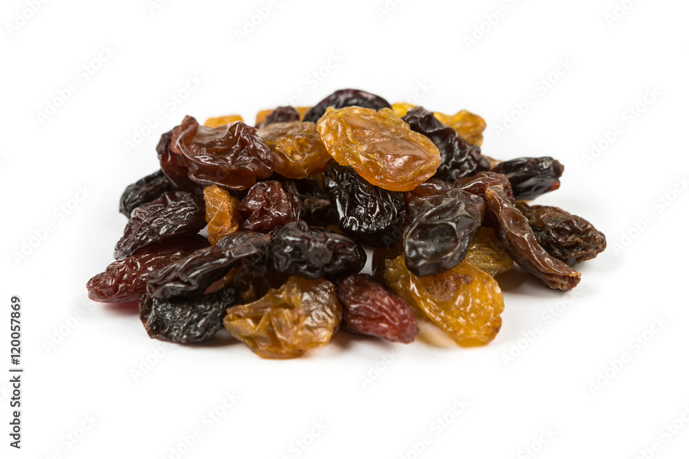 Multicolored raisin medley isolated on white background Multicolored raisin medley isolated on white background