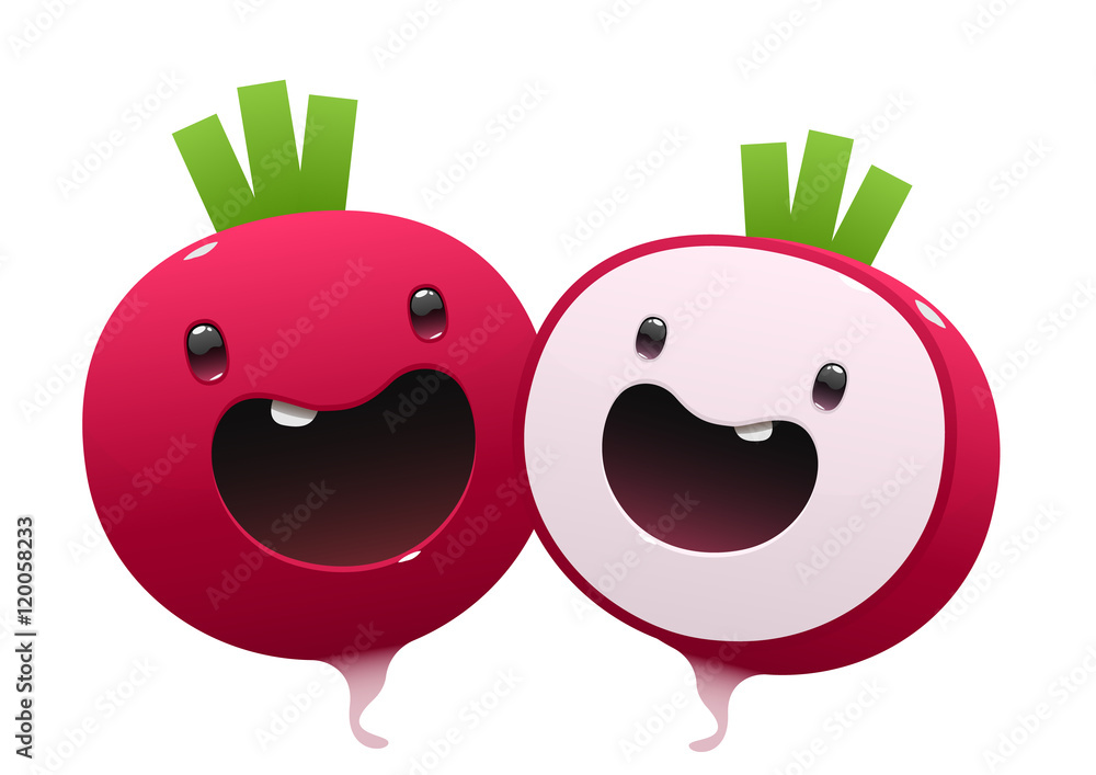 two radish cartoon character bright juicy on a white background two radish cartoon character bright juicy on a white background