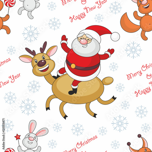 Christmas seamless pattern with the image of funny animals and Santa Claus