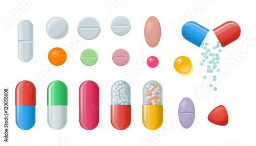 Set of vector pills and capsules. Icons of medications. Pharmaceutical tablets: painkillers, antibiotics, vitamins and aspirin. Pharmacy and drug symbols. Medical illustration on white background